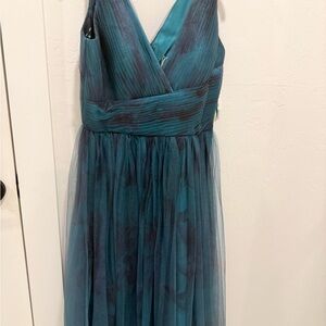 Rene Ruiz Teal and Black V-Neck Tulle Evening Dress